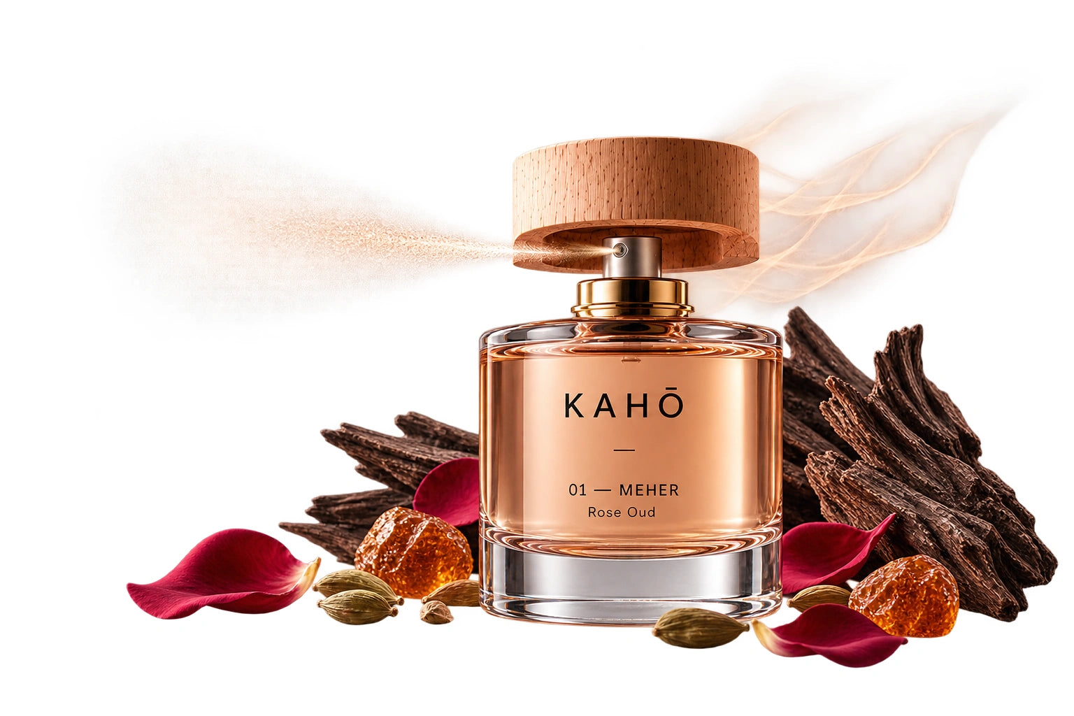 KAHŌ 01 — MEHER Rose Oud luxury car diffuser with turned beechwood cap and botanical ingredients