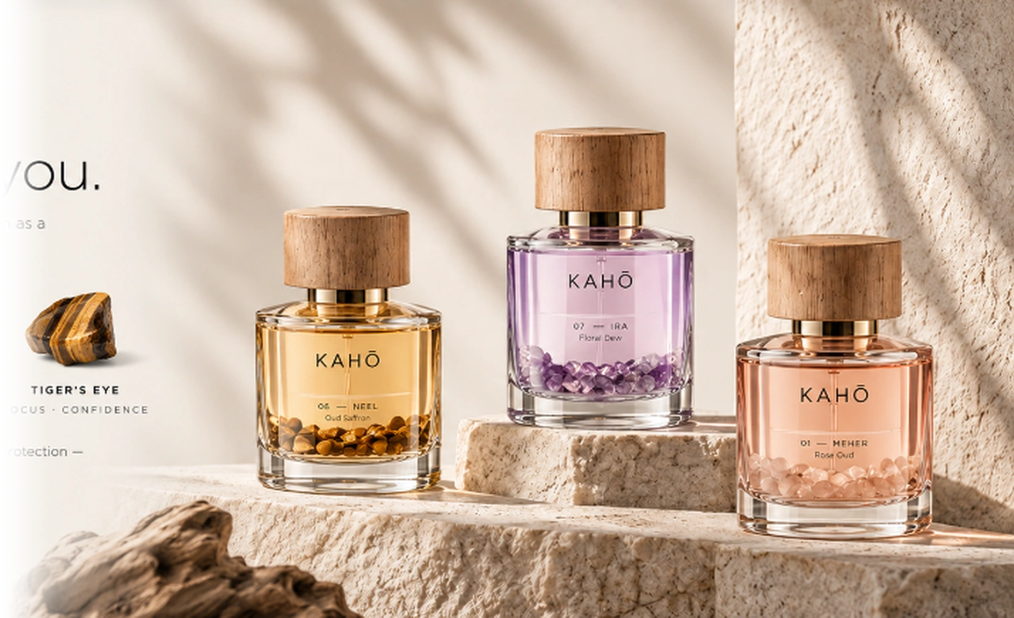 KAHŌ flacons resting on natural stone