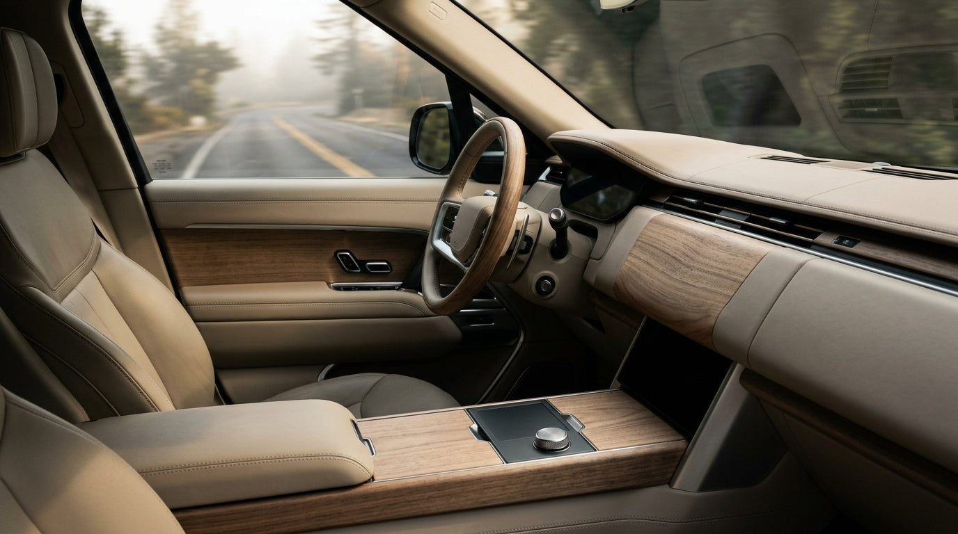 Refined minimalist vehicle interior cabin with turned wood and soft morning light