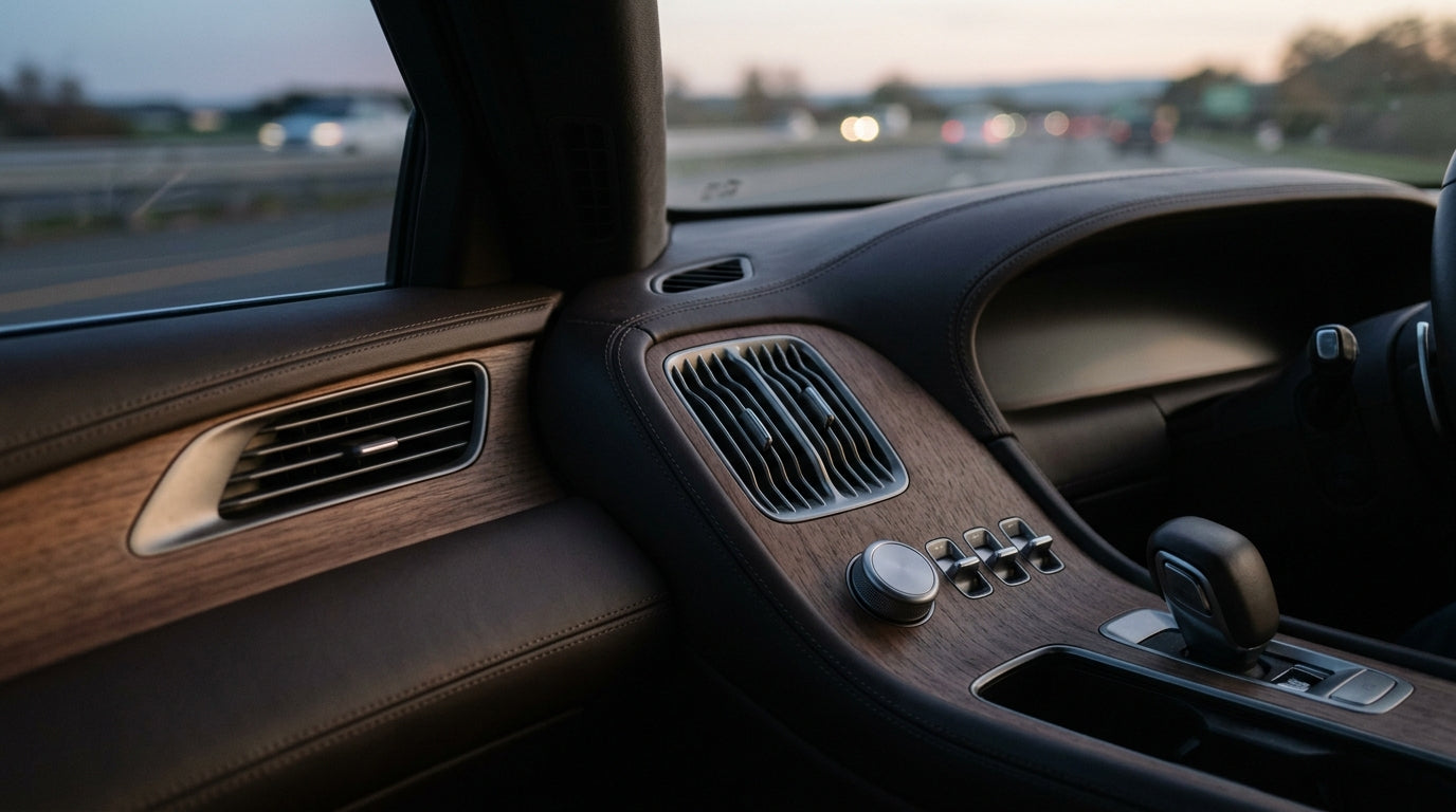 Atmospheric automotive cabin detail with warm open-pore wood and soft twilight air flow
