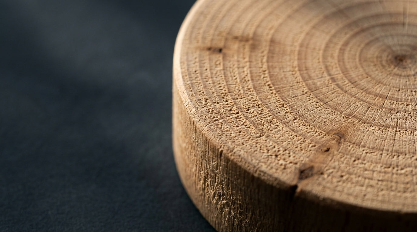 Architectural macro close-up of the KAHŌ turned beechwood crown showing authentic wood grain and light
