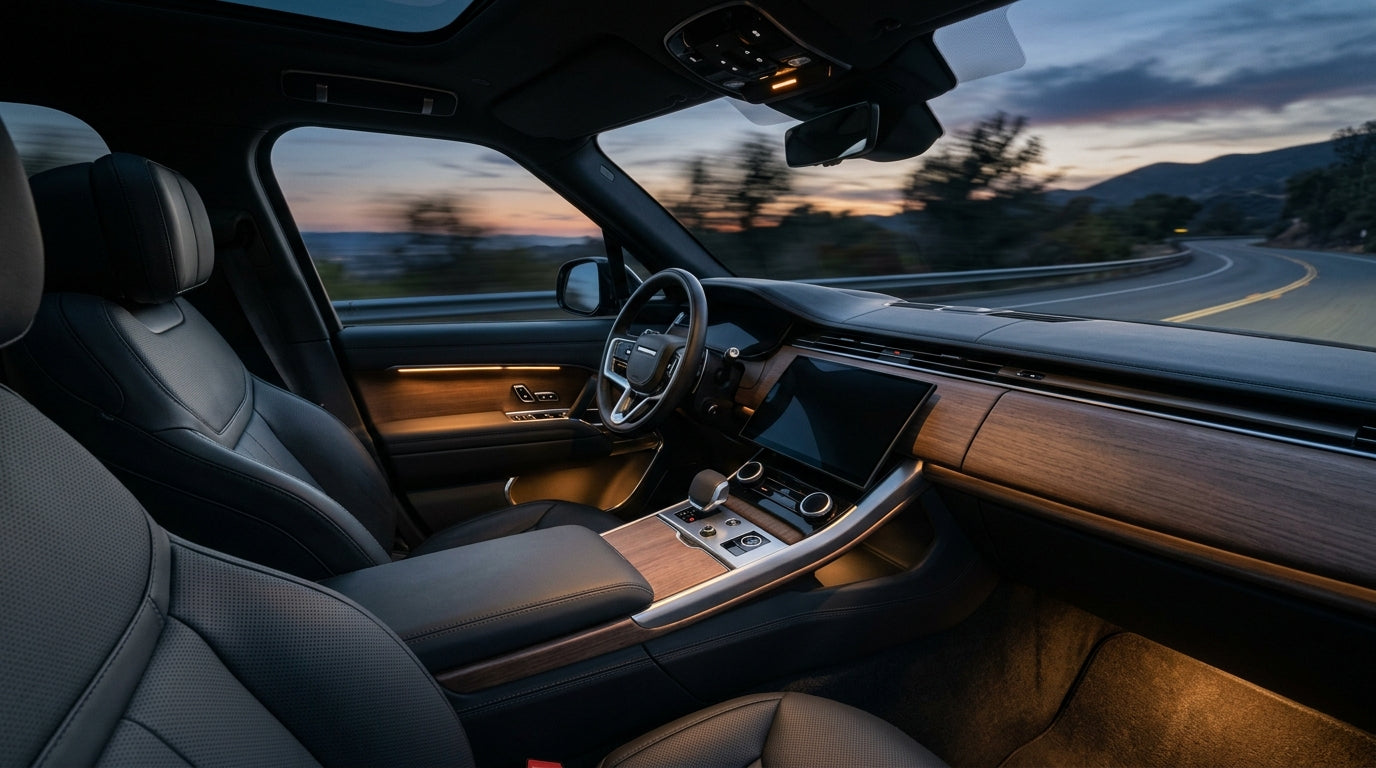 Refined automotive cabin at dusk with gentle road movement