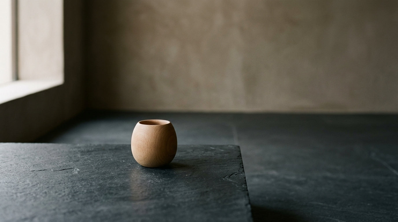 Turned beechwood object resting on slate in quiet ambient light and negative space