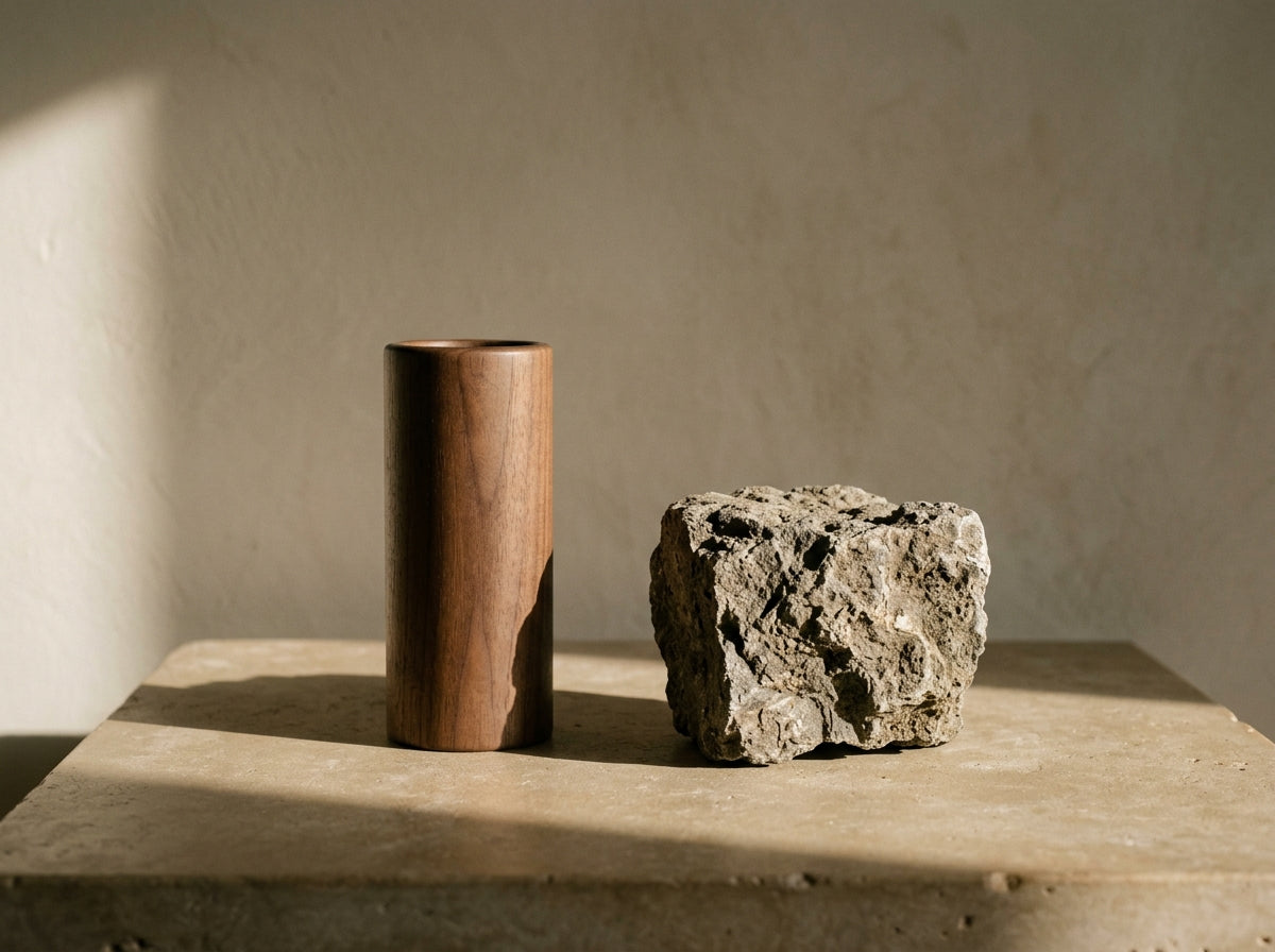 Architectural still life of turned hardwood and natural mineral in directional raking light