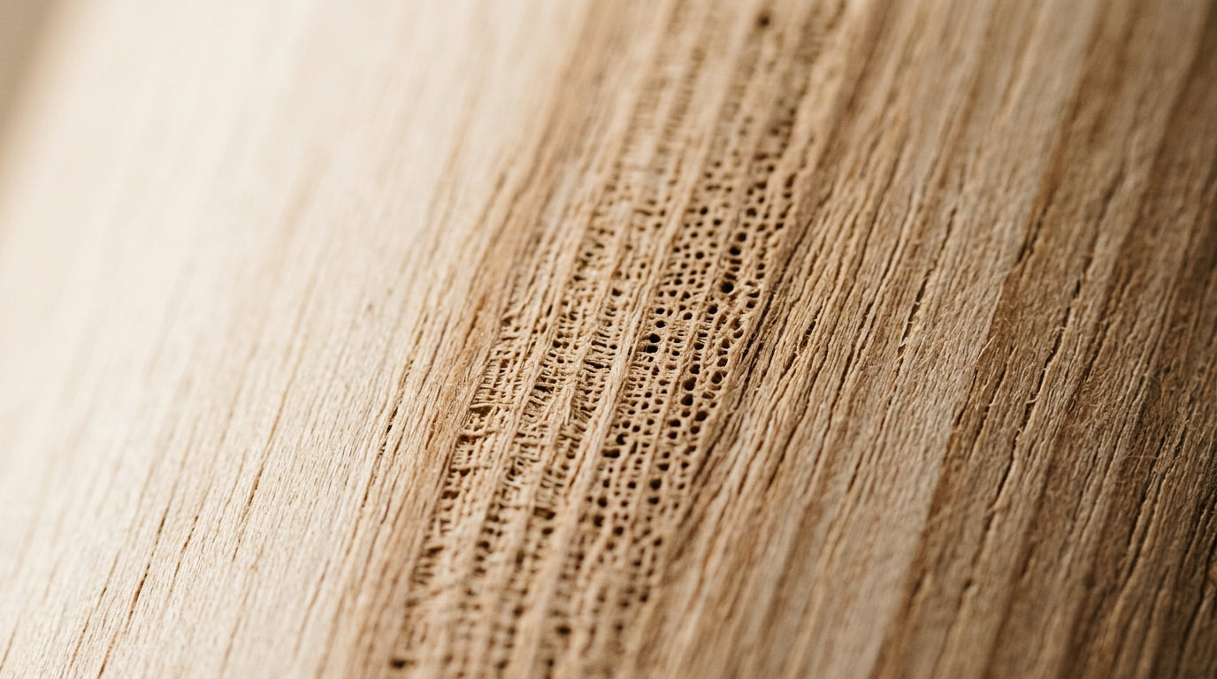 Atmospheric study of natural turned wood pores and delicate linear grain in soft directional light