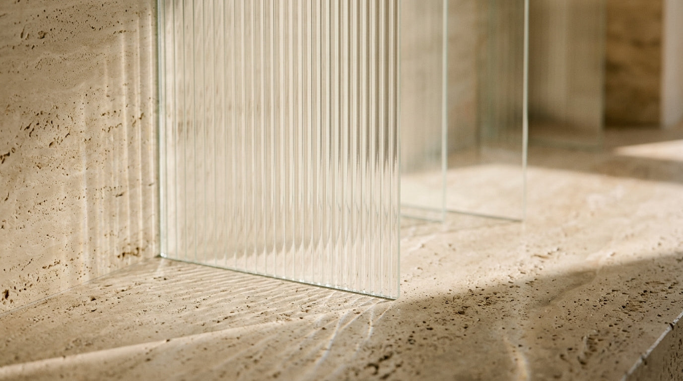 Architectural translucent fluted glass and quiet morning caustic light on stone
